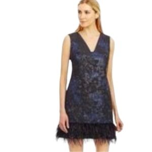 Nicole Miller Black & Navy Metallic Shift Dress with Black Fringe | Size 8
